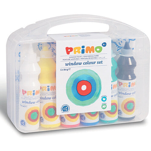 De verpakking van de Primo raamverf hobbyset met zes flessen in een transparante draagkoffer.