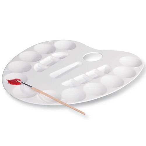 Primo niervormig schilderspalet van plastic met een kwast met rode verf.