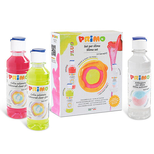 Primo slijm maken set met een doos en drie flessen gekleurde lijm en activator.