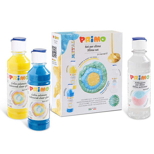 Primo slijmset met gele en blauwe lijmflessen, een activatorfles en de productverpakking.
