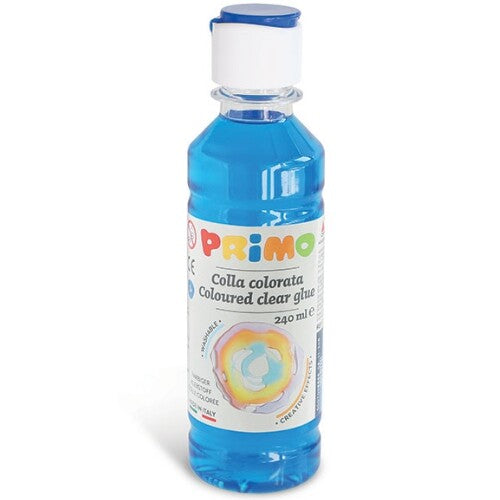 Fles Primo blauwe gekleurde transparante lijm.