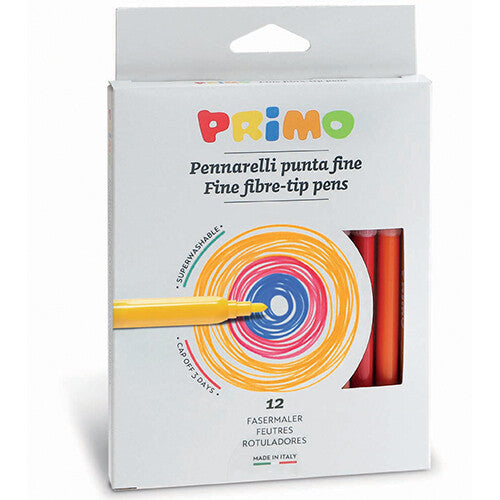Verpakking van Primo viltstiften met fijne punt, met logo en illustratie van een pen die een spiraal tekent.