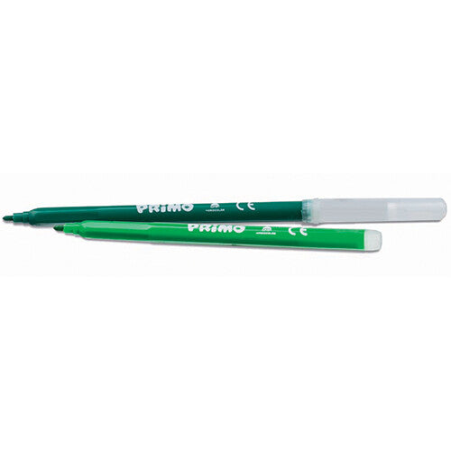 Twee groene Primo viltstiften, een grote en een kleine, liggen naast elkaar.