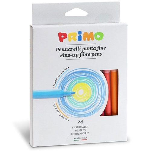 Verpakking van Primo viltstiften met fijne punt, met een illustratie van een pen die een kleurrijke spiraal tekent.