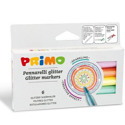 Verpakking van de Primo glitter stiften set met 6 veelkleurige stiften.