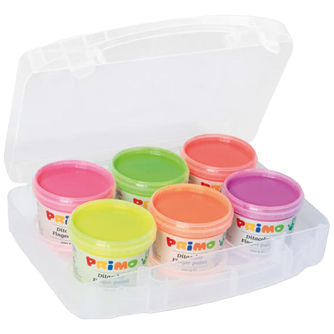Primo vingerverf in zes open potjes met fluor kleuren in een transparante opbergdoos.