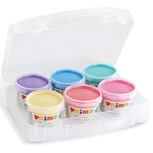 Primo vingerverf parelmoer set met zes open potjes in een transparante opbergdoos.