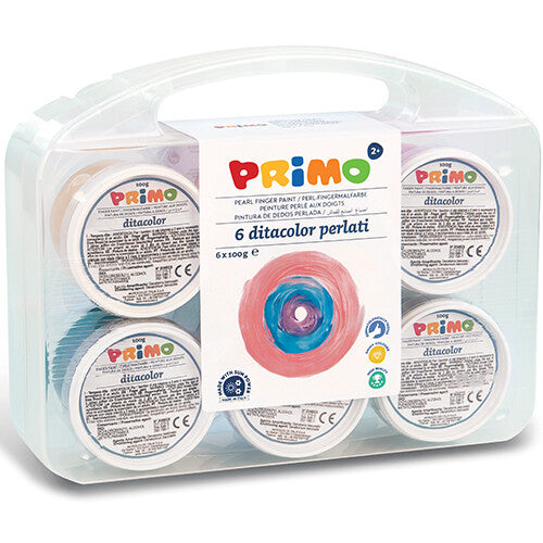 Verpakking van de Primo parelmoer vingerverf set met zes potjes in een transparante draagdoos.