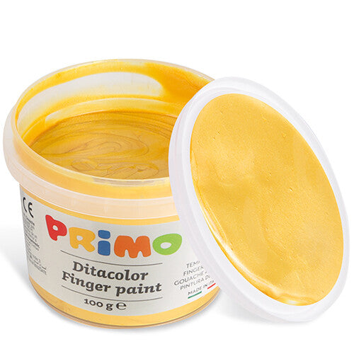 Open potje Primo gele parelmoer vingerverf met deksel ernaast.