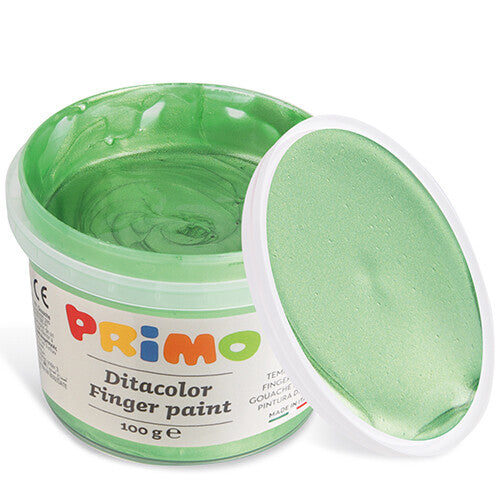 Open potje Primo mintgroene parelmoer vingerverf met deksel ernaast.