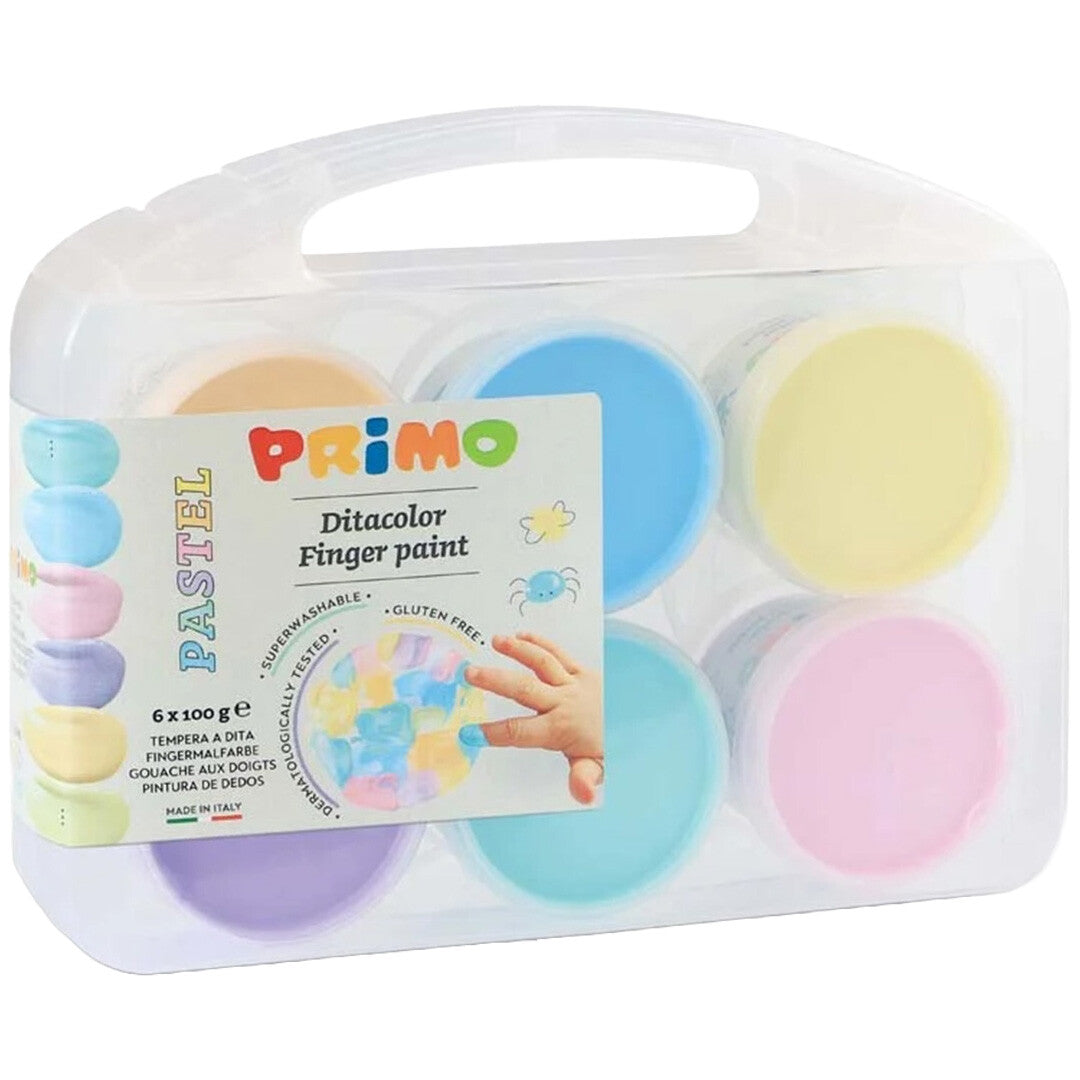 De transparante verpakking van de Primo vingerverf set met zes potjes in pastelkleuren en het productetiket.