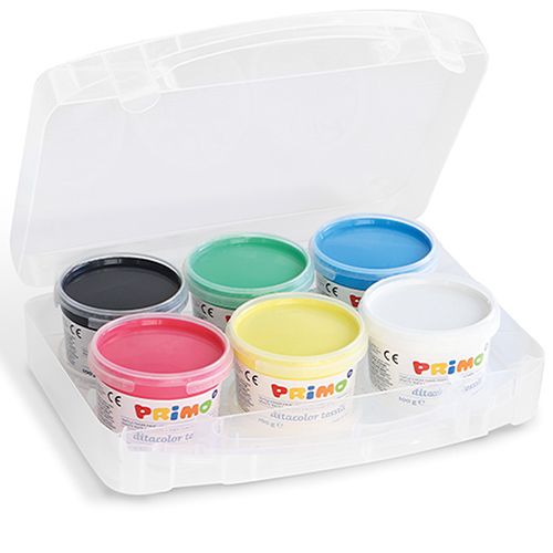 Zes open potten Primo textiel vingerverf in verschillende kleuren in een transparante opbergdoos.