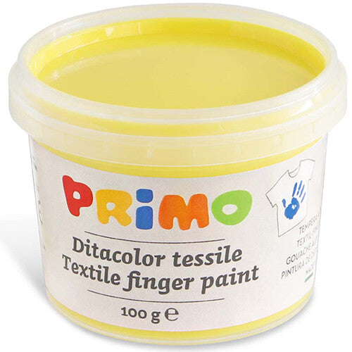 Een open pot gele Primo textiel vingerverf.