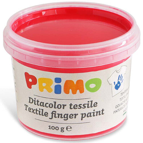 Een open pot rode Primo textiel vingerverf.