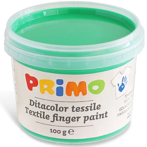 Een open pot groene Primo textiel vingerverf.