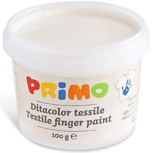 Een open pot witte Primo textiel vingerverf.