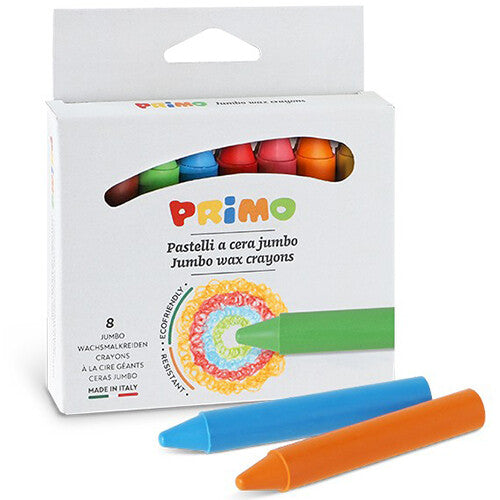 Primo verpakking met 8 jumbo waskrijtjes en twee losse waskrijtjes in blauw en oranje.