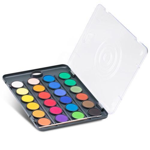 Open Primo waterverf tablet met 24 kleuren en een kwast, met de deksel opengeklapt.