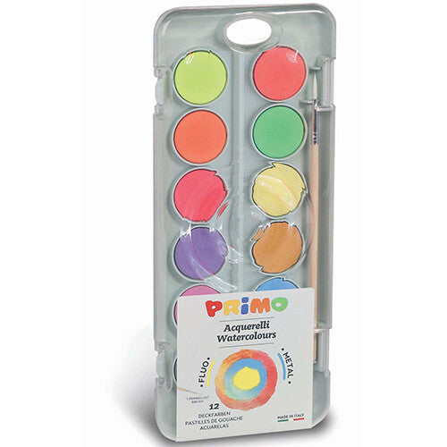 Primo waterverfset met 12 kleuren en een kwast in de verpakking.