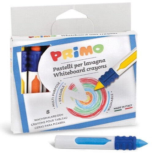 Schuine weergave van de Primo verpakking met 8 whiteboard waskrijtjes en één los blauw krijtje.