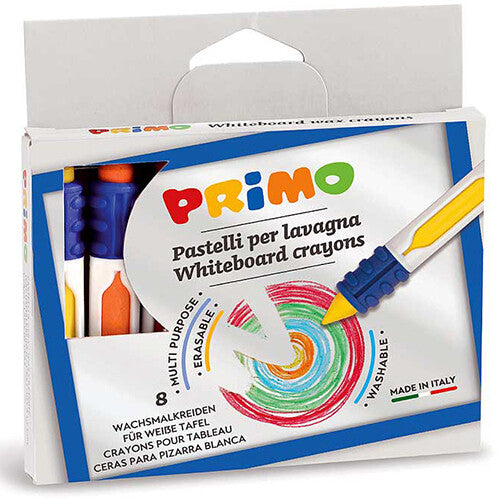 Vooraanzicht van de Primo verpakking met 8 whiteboard waskrijtjes.