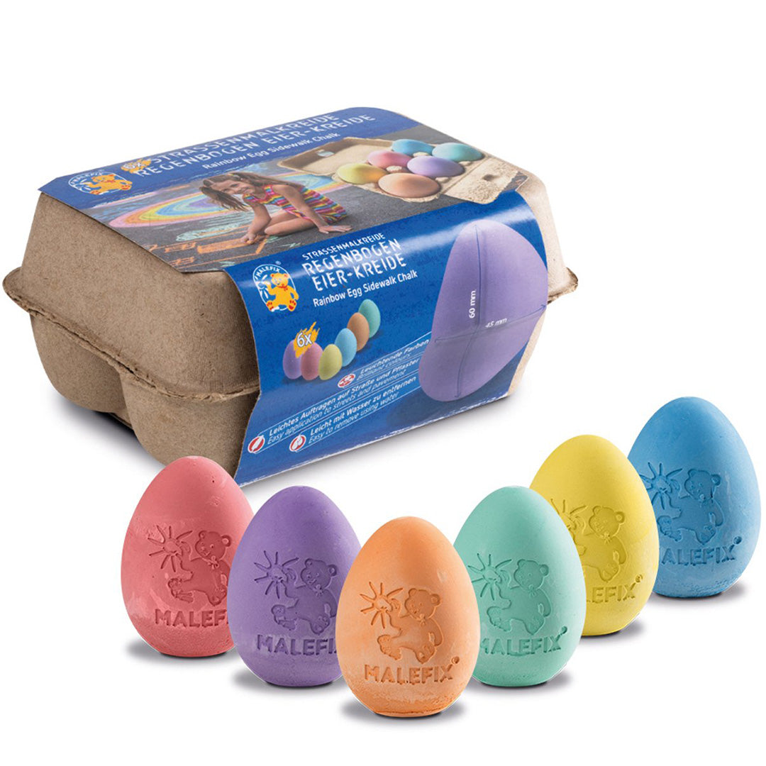 Pustefix veelkleurige stoepkrijt eieren met figuren, getoond naast de verpakking.