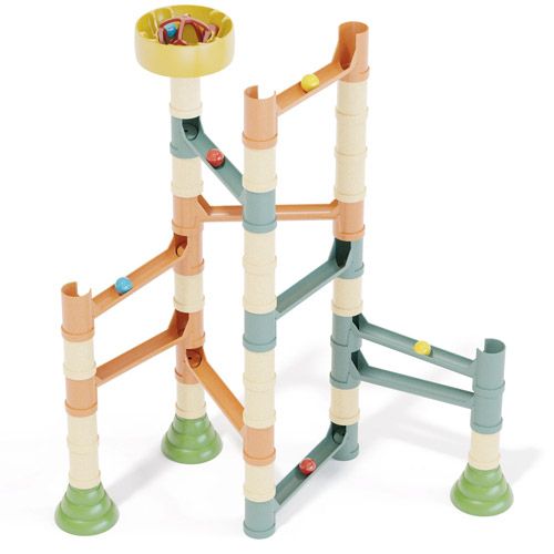 Quercetti PlayBio knikkerbaan bouwset met kleurrijke banen en knikkers.
