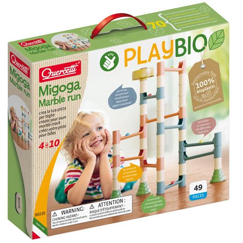 Verpakking van de Quercetti Migoga Marble Run knikkerbaan bouwset met afbeelding van een kind en de knikkerbaan.