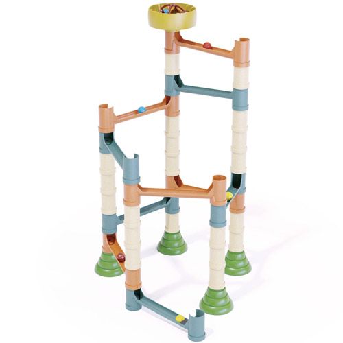 Quercetti PlayBio knikkerbaan bouwset met een hoge constructie van kleurrijke banen en knikkers.