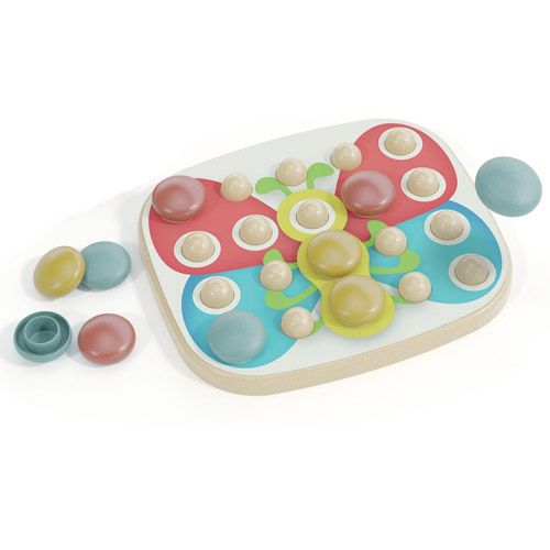 Quercetti PlayBio mozaïekpuzzel voor baby's met een houten basis en kleurrijke ronde insteekstukken.