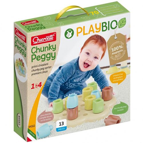 De verpakking van het Quercetti Playbio Chunky Peggy sorteerspel met een afbeelding van een spelende baby.