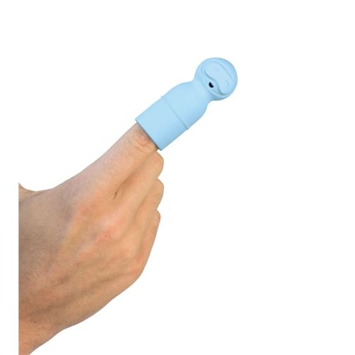 Een vinger met een blauw Quut badfiguur poppetje als vingerpopje.