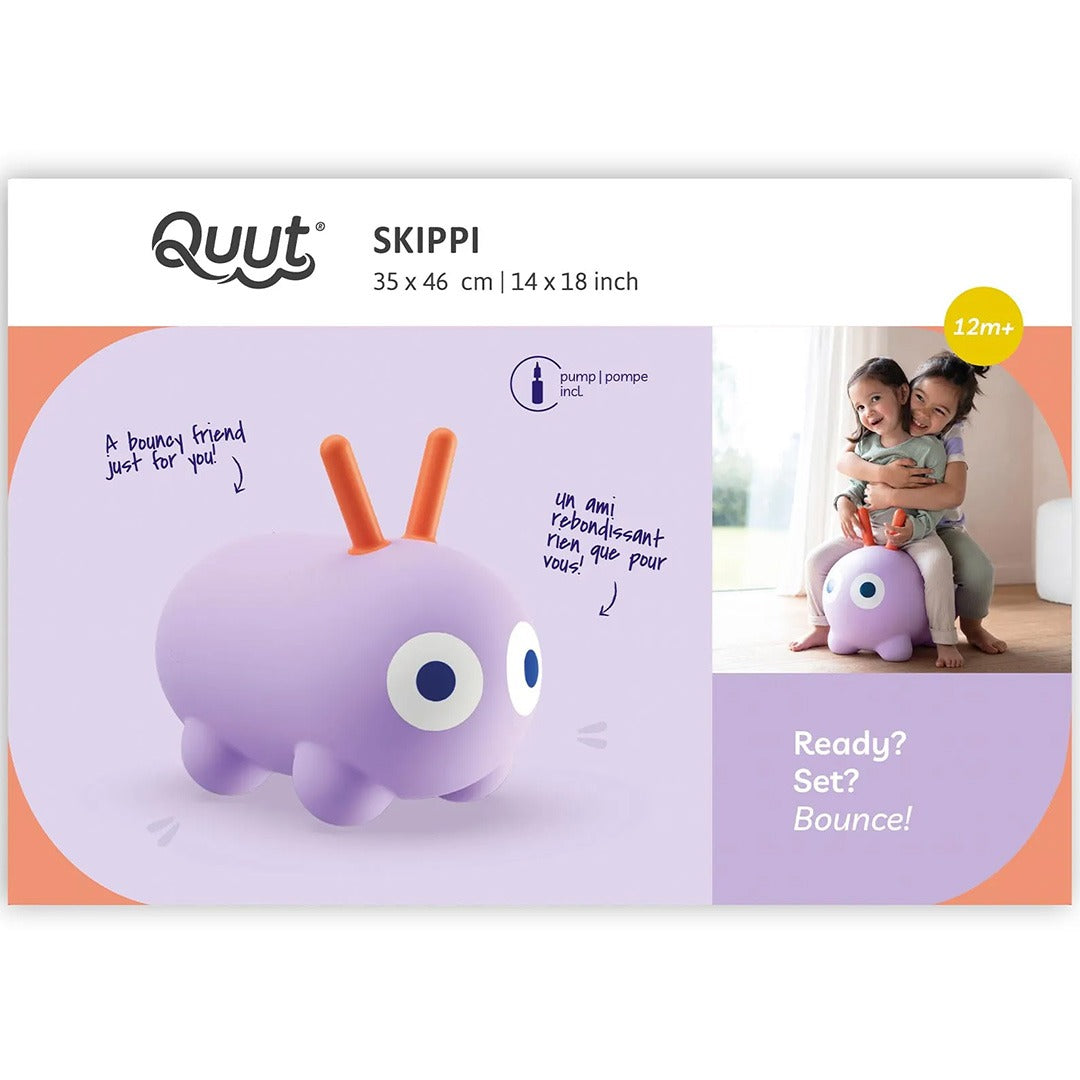 Verpakking van de Quut Skippi, een paars springkussen in de vorm van een rups, met productinformatie.