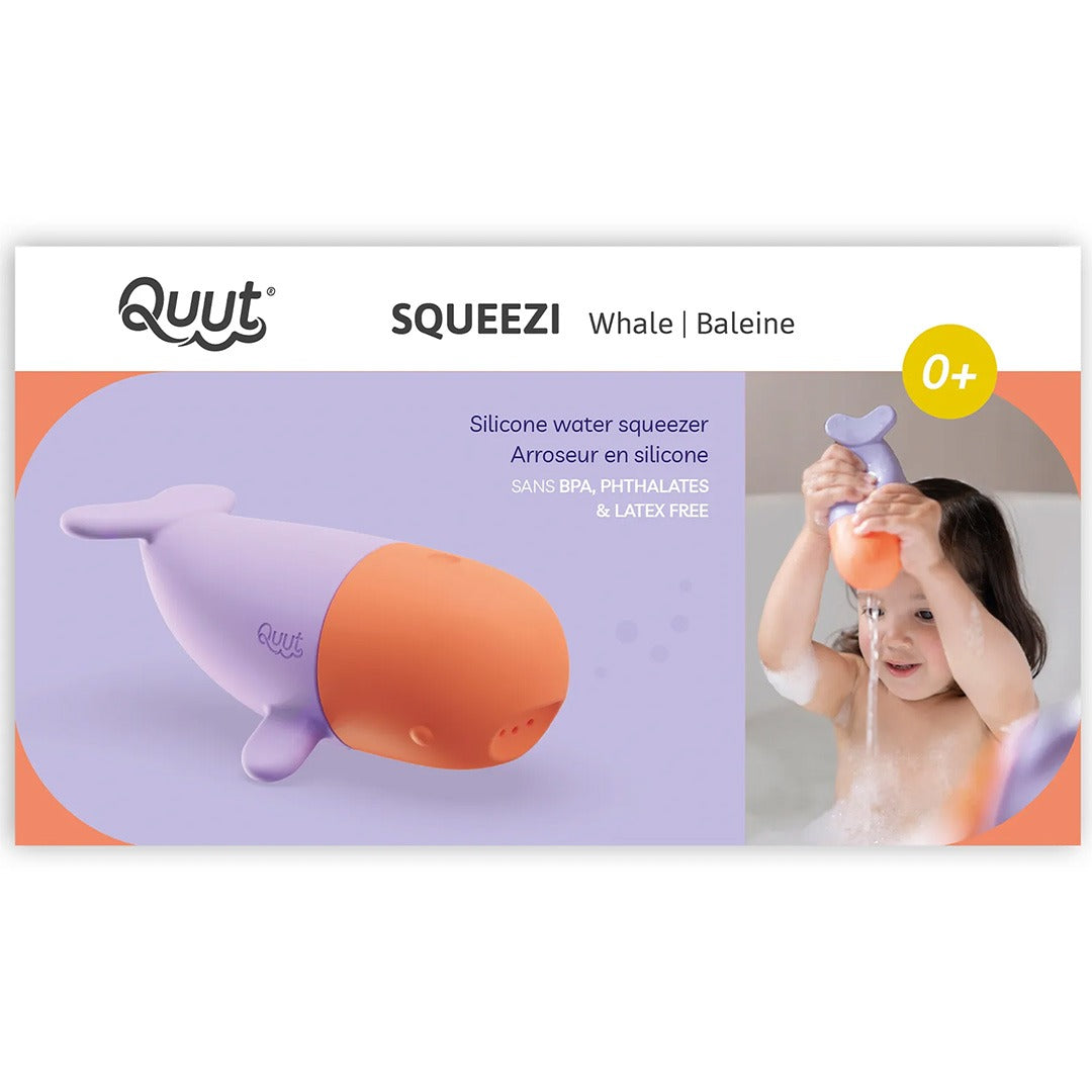 Verpakking van de Quut Squeezi walvis badspeelgoed sproeier met productafbeelding en 0+ leeftijdsaanduiding.
