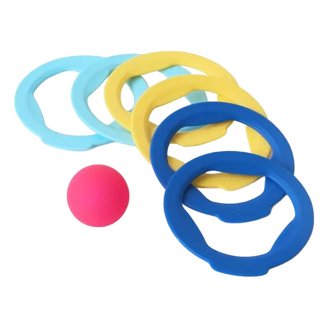 Quut strandbalspel Ringo met vijf gekleurde ringen en een roze bal op een witte achtergrond.