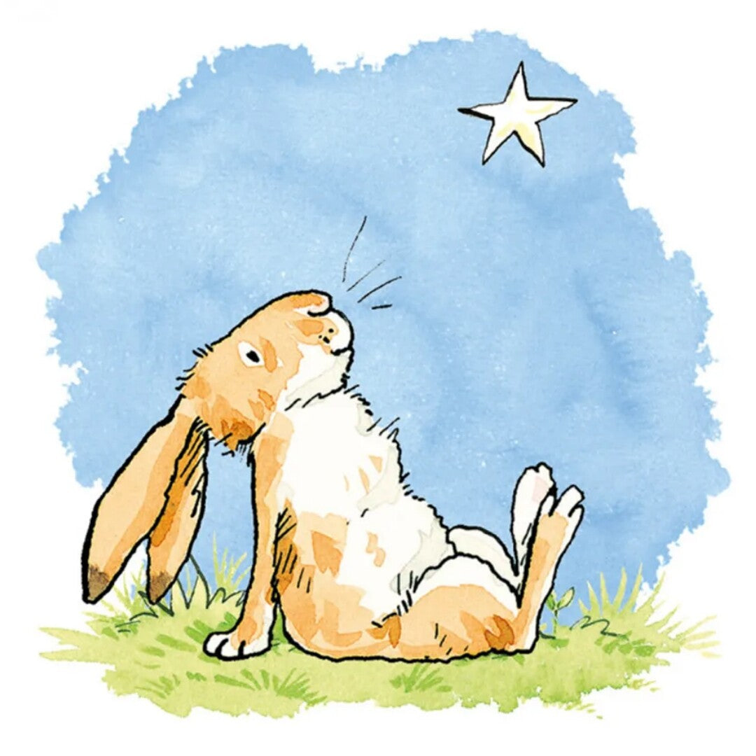 ilovespeelgoed wenskaart met een illustratie van een konijn dat op gras naar een ster in de blauwe lucht kijkt.