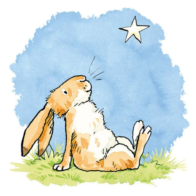ilovespeelgoed wenskaart met een illustratie van een konijn dat op gras naar een ster in de blauwe lucht kijkt.