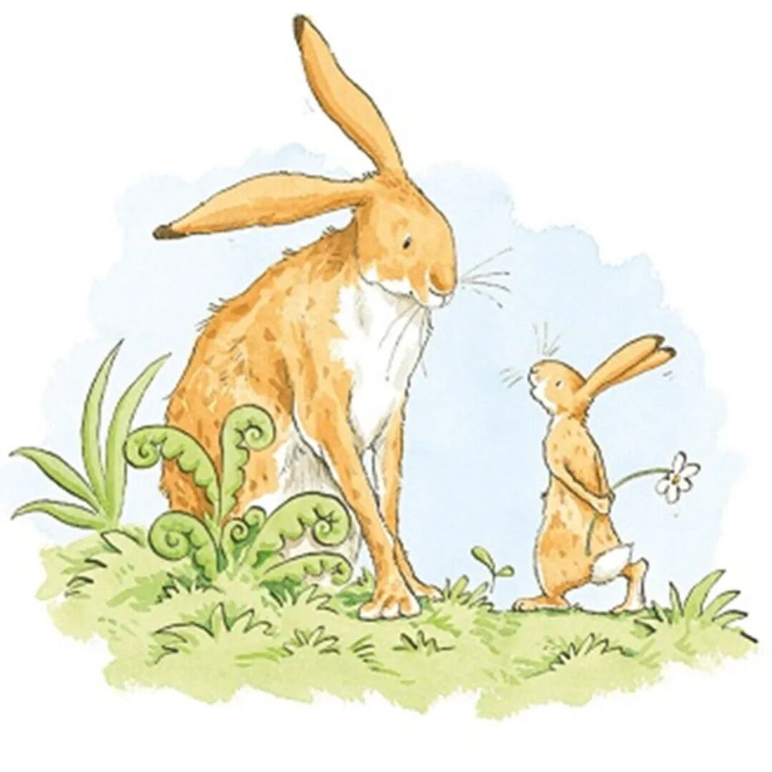 ilovespeelgoed wenskaart met een illustratie van de grote en kleine haas uit 'Raad eens hoeveel ik van je hou', waarbij de kleine haas een bloem vasthoudt.