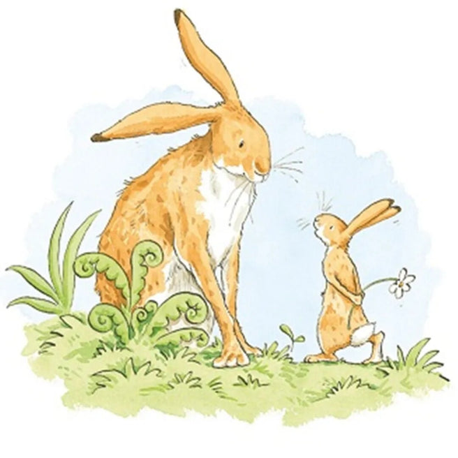 ilovespeelgoed wenskaart met een illustratie van de grote en kleine haas uit 'Raad eens hoeveel ik van je hou', waarbij de kleine haas een bloem vasthoudt.
