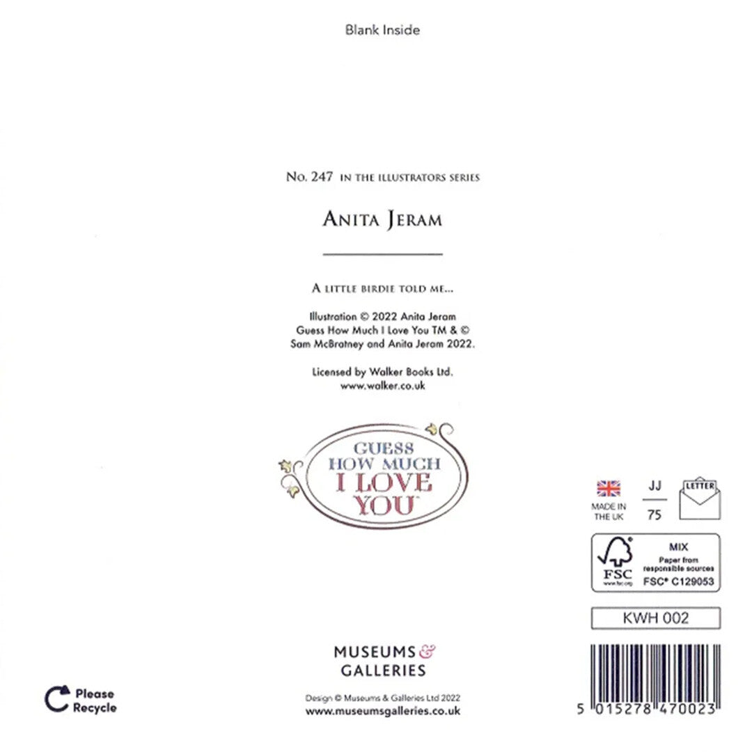 De achterkant van de wenskaart met productinformatie, logo's en een barcode.