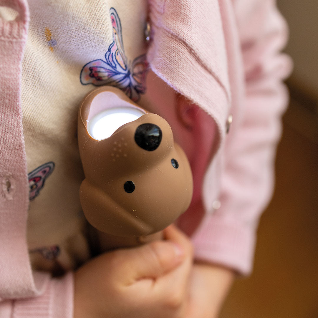 Een kind houdt de brandende Rabbit & Friends hond zaklamp vast.
