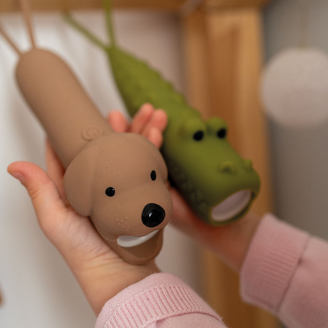 Twee kinderhanden houden een bruine hond en een groene krokodil zaklamp vast.