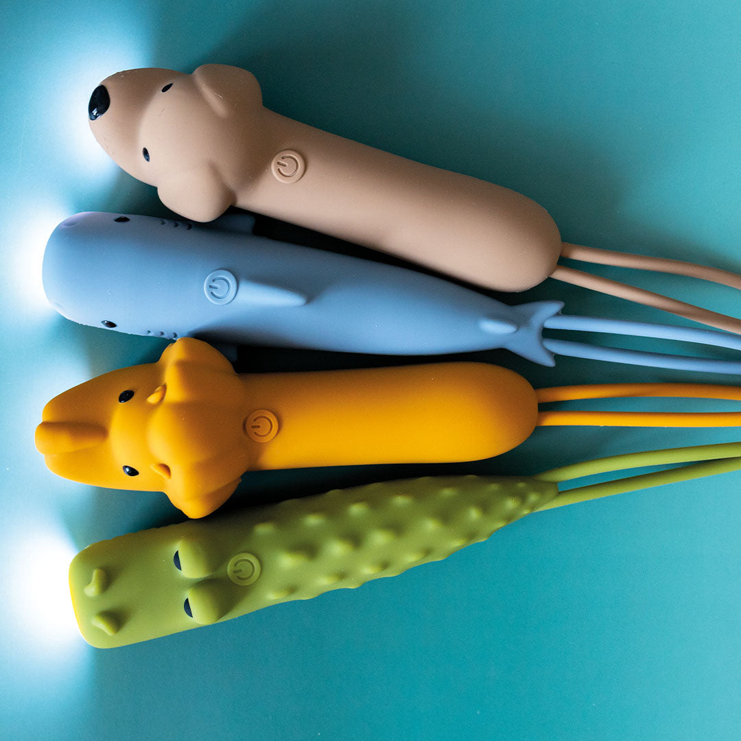 Vier brandende Rabbit & Friends dieren zaklampen, een hond, walvis, dinosaurus en krokodil, op een blauwe ondergrond.