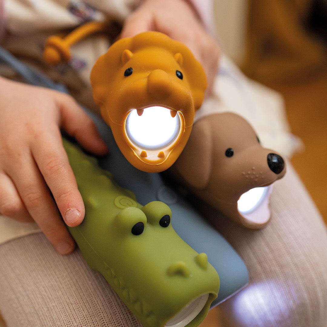 Een kind houdt drie oplichtende dieren zaklampen vast, waaronder een groene krokodil.