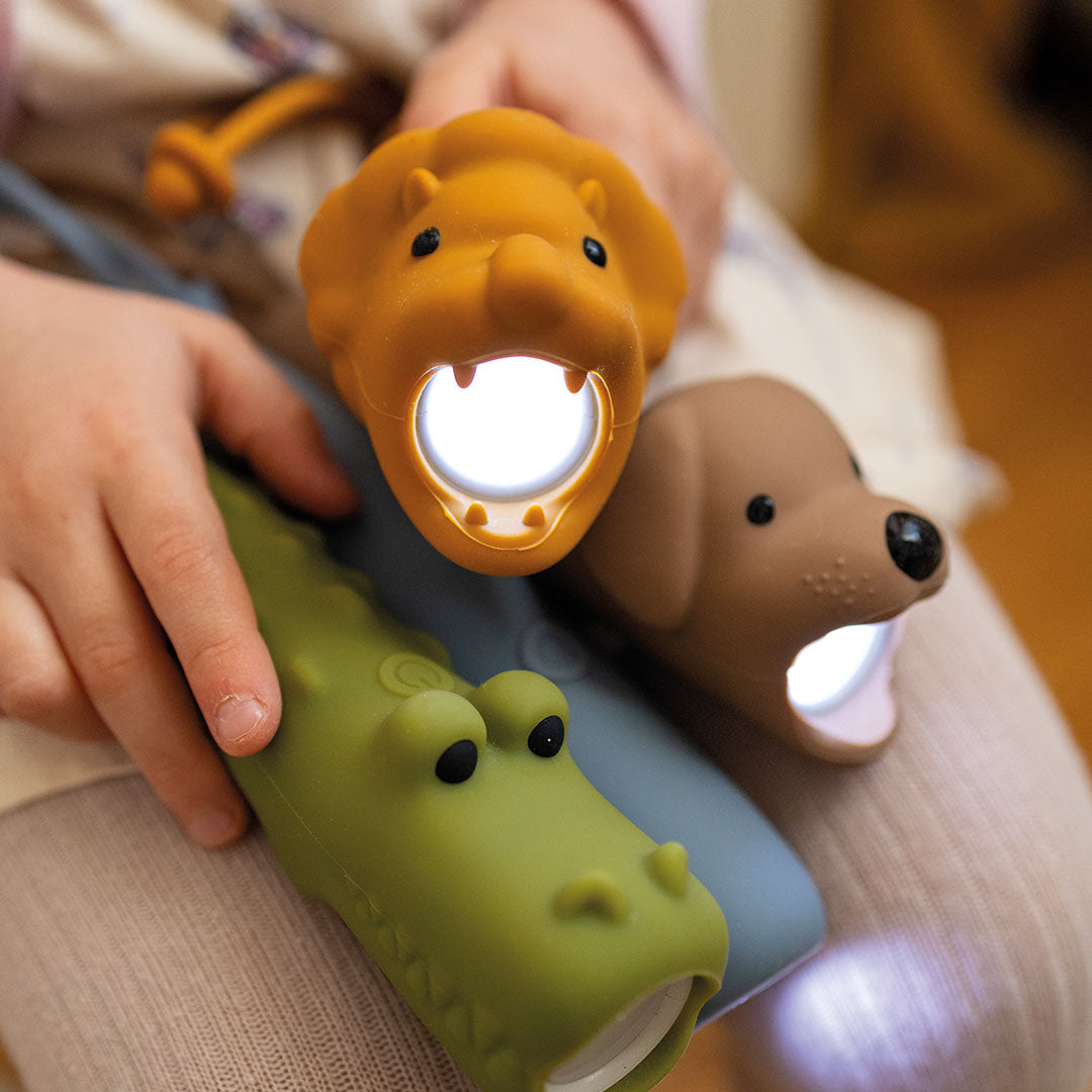 Drie oplichtende siliconen dieren zaklampen, waaronder een leeuw, hond en krokodil, in kinderhanden.