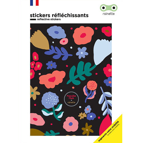 Verpakking van rainette reflecterende stickers met een kleurrijk bloemen- en bladerpatroon op een zwarte achtergrond.