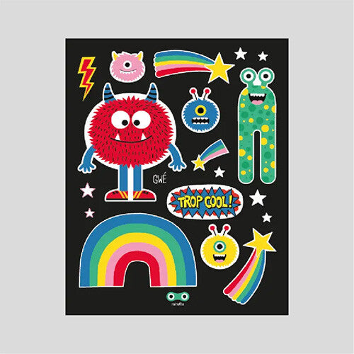 Vel rainette reflecterende stickers met kleurrijke monsters, regenbogen en sterren.