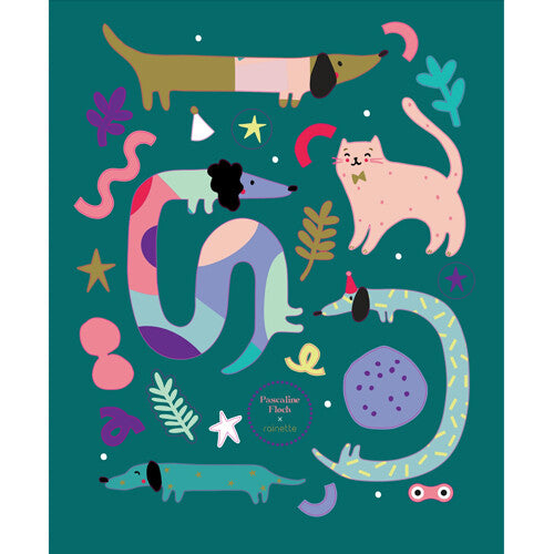 rainette reflecterende stickers met kleurrijke honden, een kat en abstracte vormen op een donkergroene achtergrond.