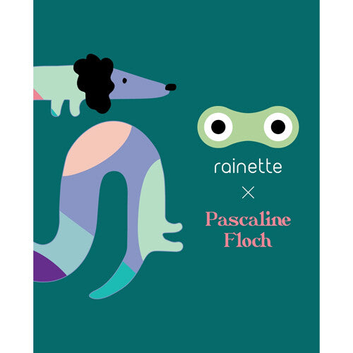 Detail van rainette reflecterende stickers met een deel van een hond en het rainette logo.