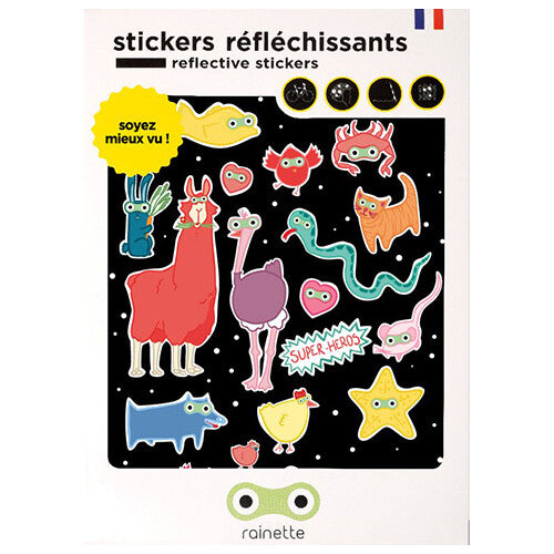 Verpakking van rainette reflecterende stickers met diverse dieren en superhelden.